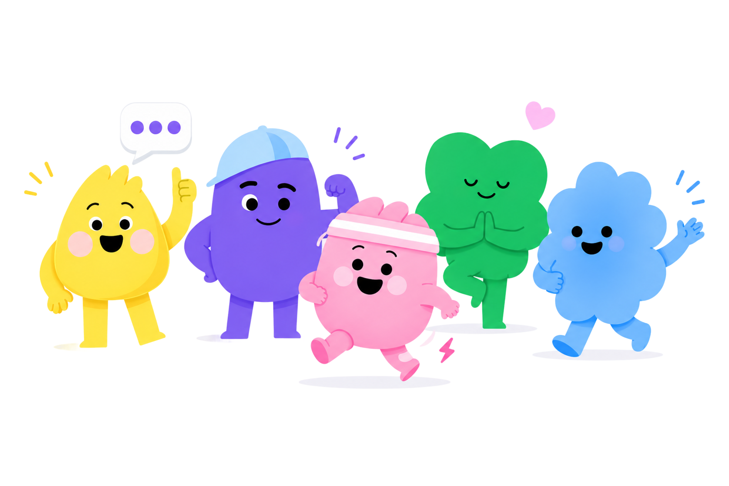 The Gramigo mascot crew — five colorful characters cheering